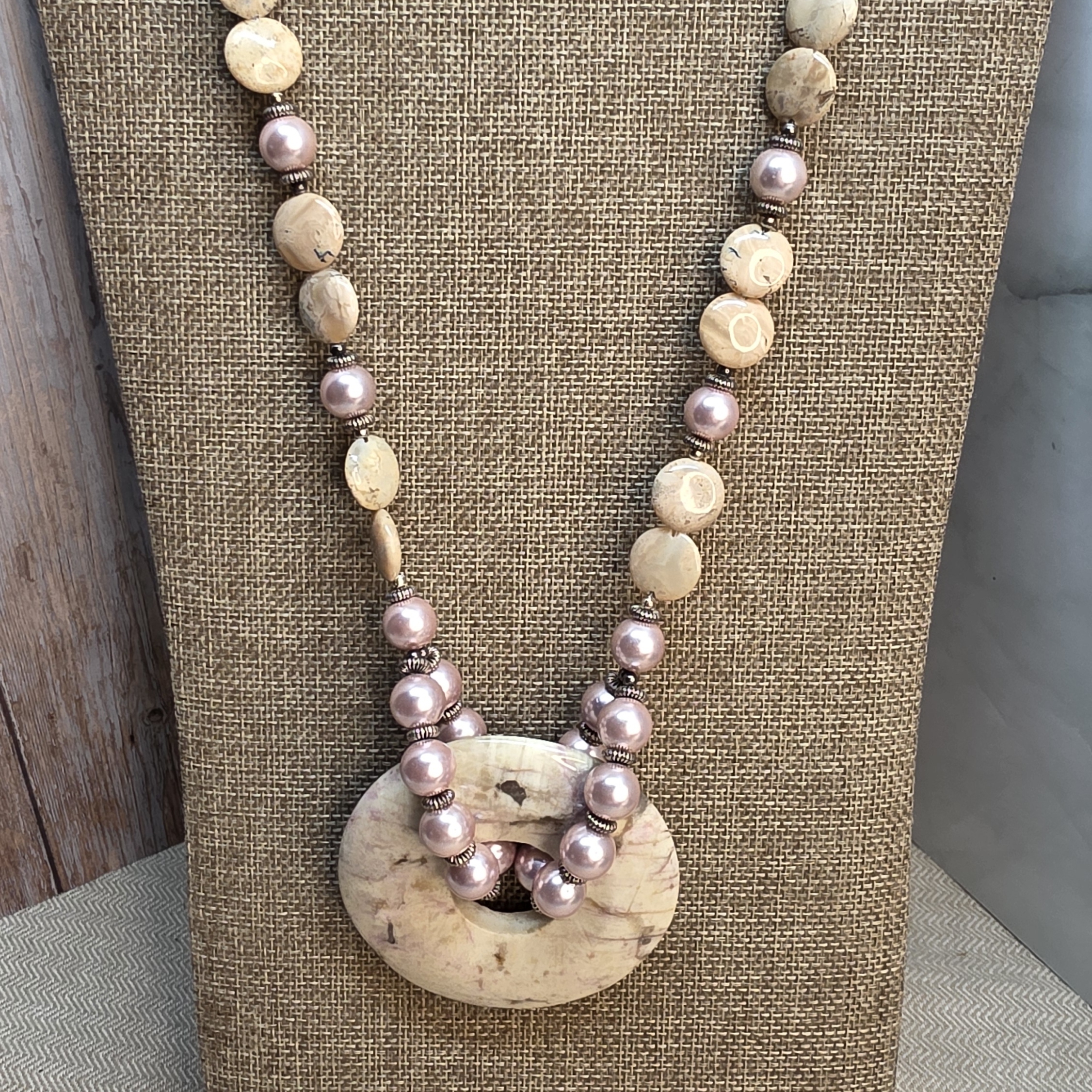 Pink Tourmaline Chunky Natural Stone Necklace Sterling Clasp Faux Pink Pearl 75$